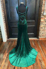 V-Neck Dark Green Velvet Long Prom Dress with Rhinestones