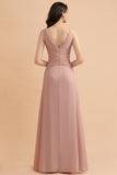 V-Neck Dusty Rose Chiffon Bridesmaid Dress with Ruffles-27dress