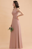 V-Neck Dusty Rose Chiffon Bridesmaid Dress with Ruffles-27dress