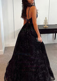 V-neck Glitter Floor-length Prom Dress - Ball Gown Style