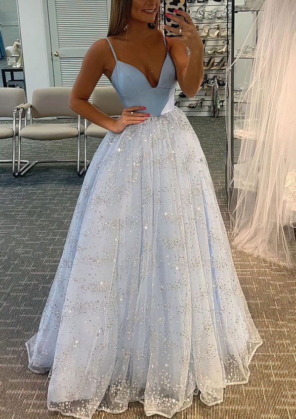 V-neck Glitter Floor-length Prom Dress - Ball Gown Style