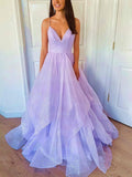 V-neck Glitter Floor-length Prom Dress With Cascading Ruffles