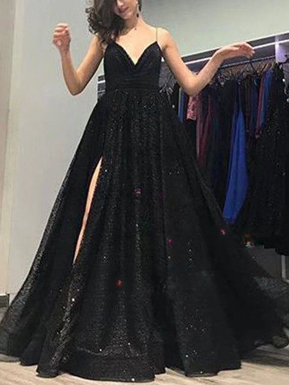 V-neck Glitter Pockets Ball Gown/Princess Prom Dresses with Sweep Train