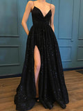 V-neck Glitter Pockets Ball Gown/Princess Prom Dresses with Sweep Train