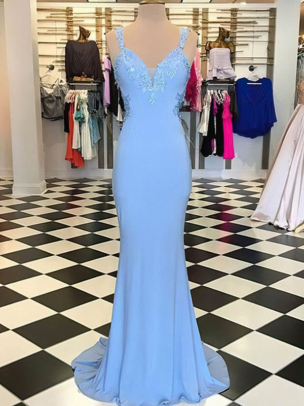 V-neck Jersey Prom Dress with Sheath/Column Sweep Train and Lace Appliques