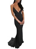 V-neck Jersey Sweep Train Prom Dresses in Sheath/Column Style