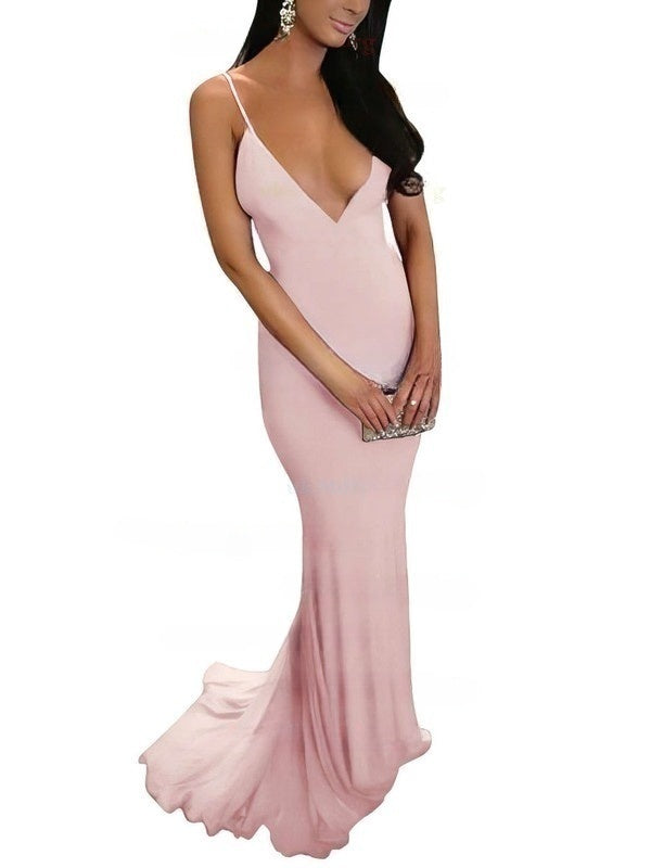 V-neck Jersey Sweep Train Prom Dresses in Sheath/Column Style