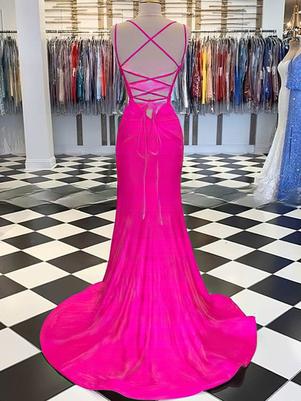 V-neck Jersey Sweep Train Ruffles Prom Dress in Trumpet/Mermaid Style