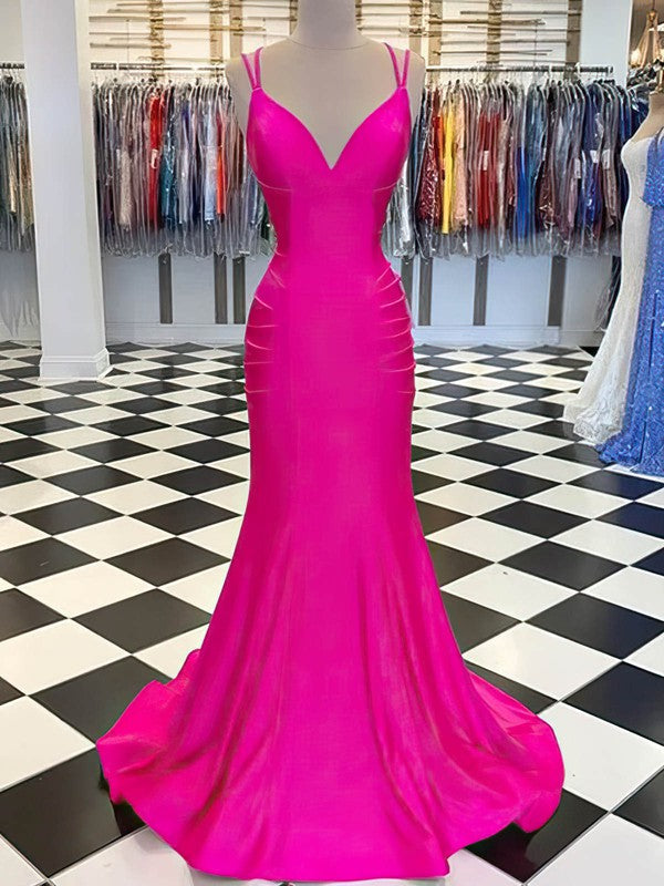 V-neck Jersey Sweep Train Ruffles Prom Dress in Trumpet/Mermaid Style