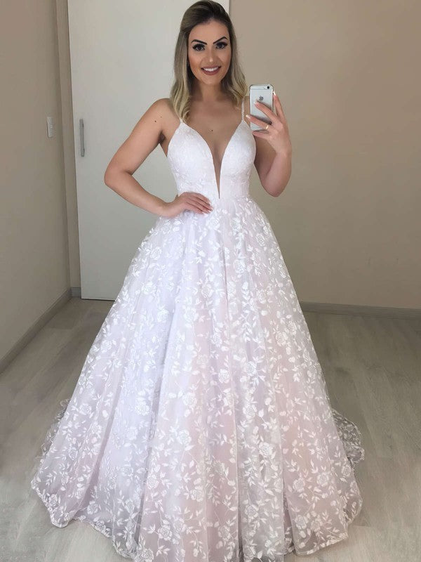 V-neck Lace Ball Gown Wedding Dress with Sweep Train