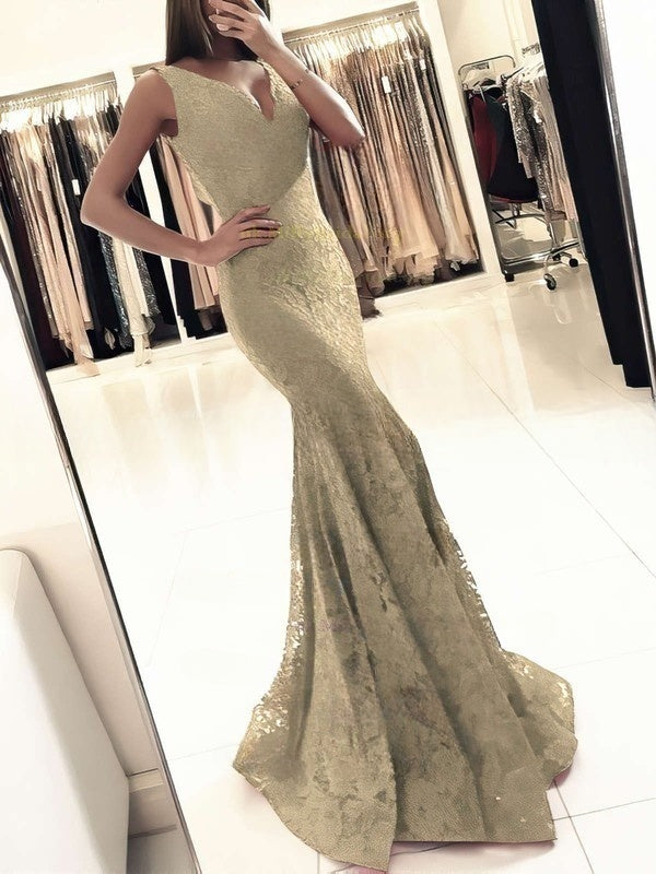 V-neck Lace Prom Dresses for a Trumpet/Mermaid Look