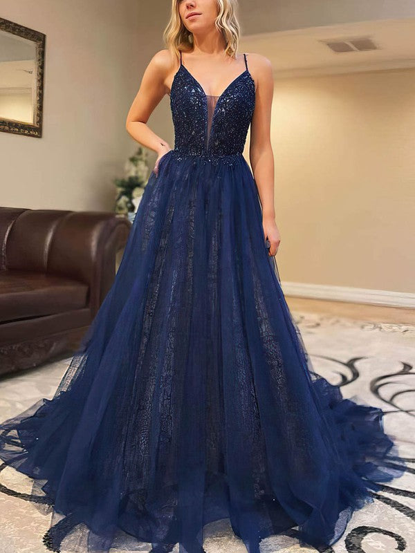 V-neck Lace Tulle Beading Ball Gown/Princess Prom Dress with Sweep Train