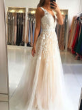 V-neck Lace Tulle Beading Prom Dresses with Princess Sweep Train Ball Gown