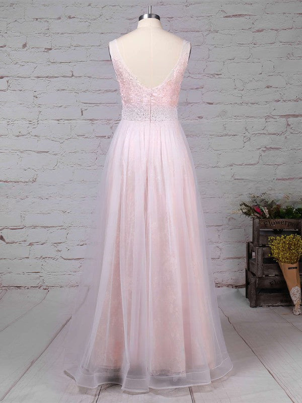 V-Neck Lace Tulle Princess Prom Dress with Crystal Detailing