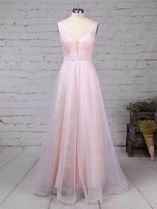 V-Neck Lace Tulle Princess Prom Dress with Crystal Detailing