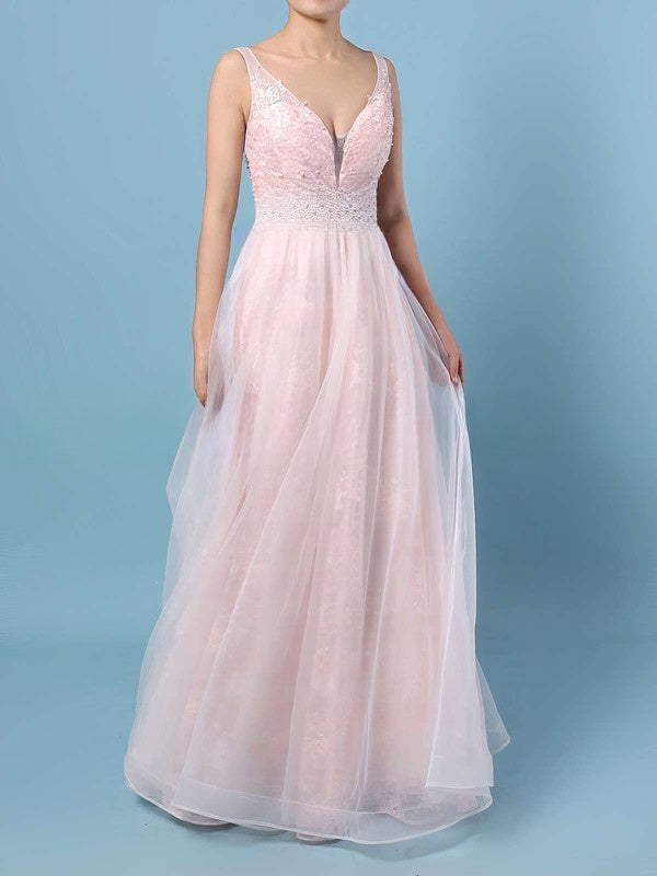 V-Neck Lace Tulle Princess Prom Dress with Crystal Detailing