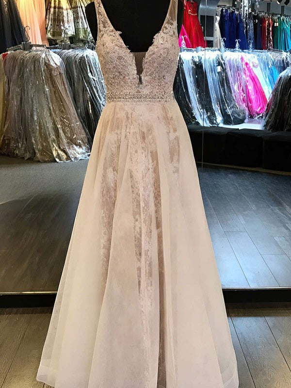 V-Neck Lace Tulle Princess Prom Dress with Crystal Detailing