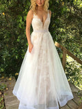 V-Neck Lace Tulle Princess Prom Dress with Crystal Detailing