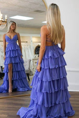 V-Neck Lavender Ruffle Prom Dress with Slit