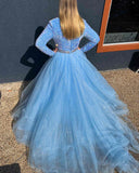 V-Neck Light Blue Sequin Long Sleeves A-Line Prom Dress