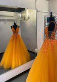 V Neck Long Tulle Prom Dress with Appliques - Princess Style-27dress