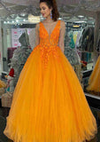 V Neck Long Tulle Prom Dress with Appliques - Princess Style-27dress