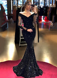 V Neck Mermaid Sequined Lace Prom Dresses With Long Sleeves-27dress