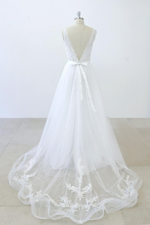 V-neck Ruffle Applqiues Tulle A-line Wedding Dress On Sale-27dress