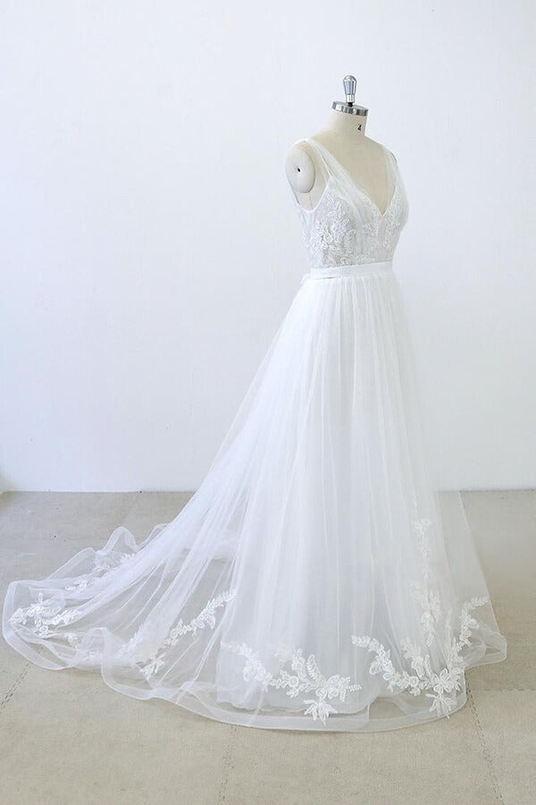 V-neck Ruffle Applqiues Tulle A-line Wedding Dress On Sale-27dress