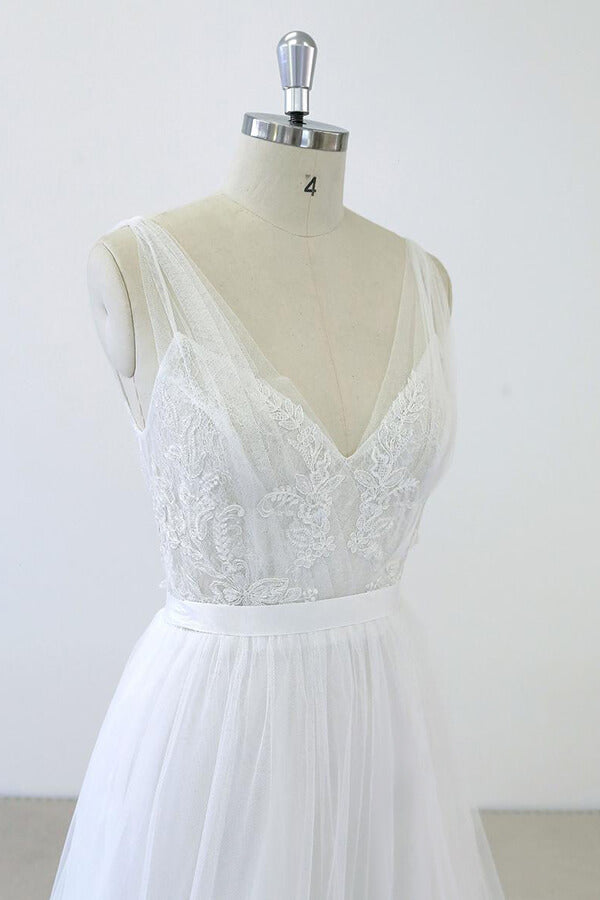 V-neck Ruffle Applqiues Tulle A-line Wedding Dress On Sale-27dress