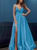 V-neck Satin Appliques Lace Prom Dresses - Ball Gown/Princess Floor-length