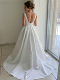 V-neck Satin Ball Gown With Pockets and Sweep Train Wedding Dress