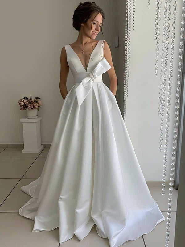 V-neck Satin Ball Gown With Pockets and Sweep Train Wedding Dress