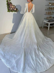 V-neck Satin Court Train Wedding Dress for Ball Gown