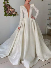 V-neck Satin Court Train Wedding Dress for Ball Gown