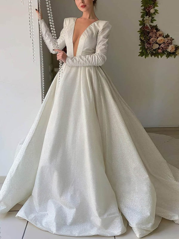 V-neck Satin Court Train Wedding Dress for Ball Gown