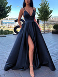 V-neck Satin Floor-length Ball Gown Prom Dresses with Pockets