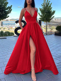 V-neck Satin Floor-length Ball Gown Prom Dresses with Pockets