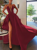 V-neck Satin Pockets Ball Gown/Princess Sweep Train Prom Dresses