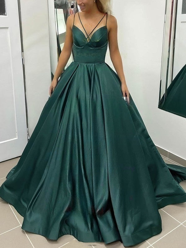 V-neck Satin Pockets Prom Dresses with Ball Gown/Princess Sweep Train