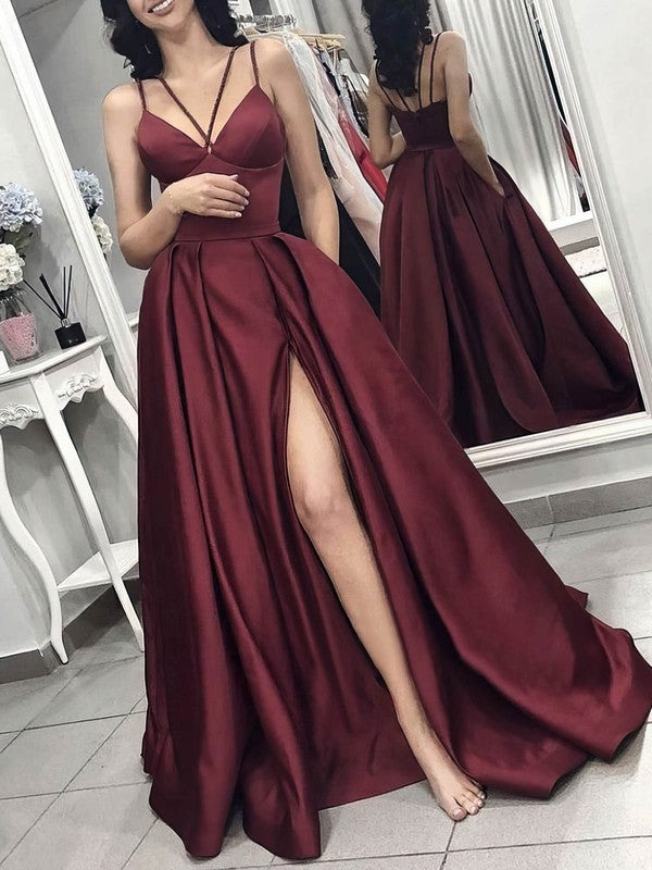 V-neck Satin Pockets Prom Dresses with Ball Gown/Princess Sweep Train