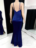 V-neck Satin Prom Dresses With Split Front and Sheath/Column Silhouette