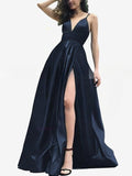 V-neck Satin Split Front Prom Dresses: Elegant Ball Gown/Princess Floor-length