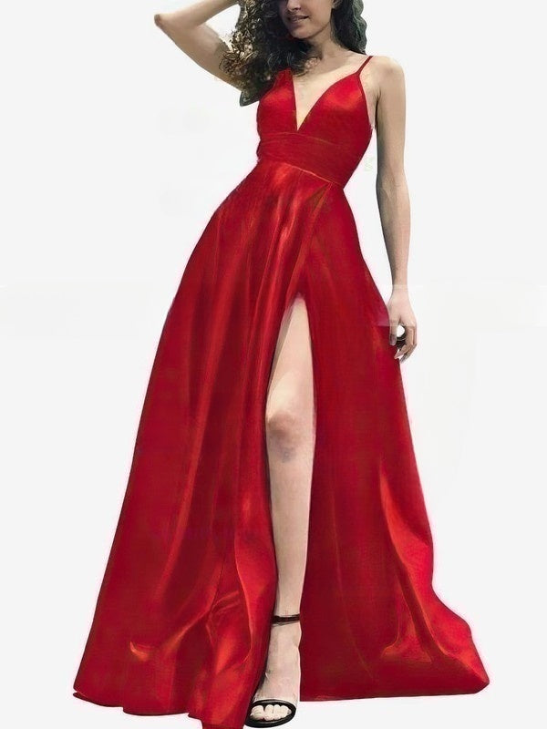 V-neck Satin Split Front Prom Dresses: Elegant Ball Gown/Princess Floor-length