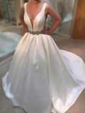 V-neck Satin Sweep Train Ball Gown Prom Dresses with Beading