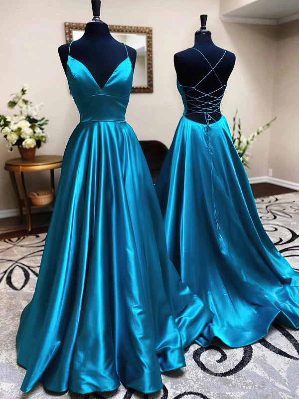 V-neck Satin Sweep Train Ball Gown Prom Dresses