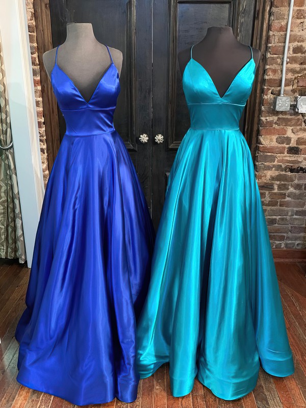 V-neck Satin Sweep Train Prom Dresses - Ball Gown