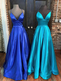 V-neck Satin Sweep Train Prom Dresses - Ball Gown