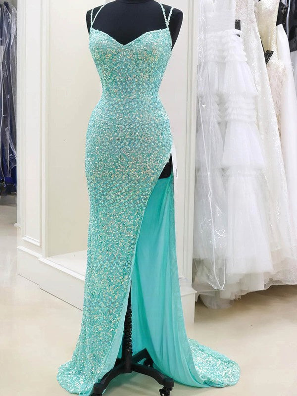 V-neck Sequined Split Front Trumpet/Mermaid Prom Dresses with Sweep Train