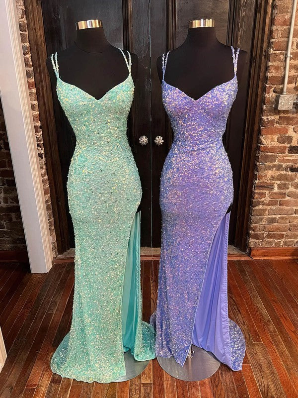 V-neck Sequined Split Front Trumpet/Mermaid Prom Dresses with Sweep Train